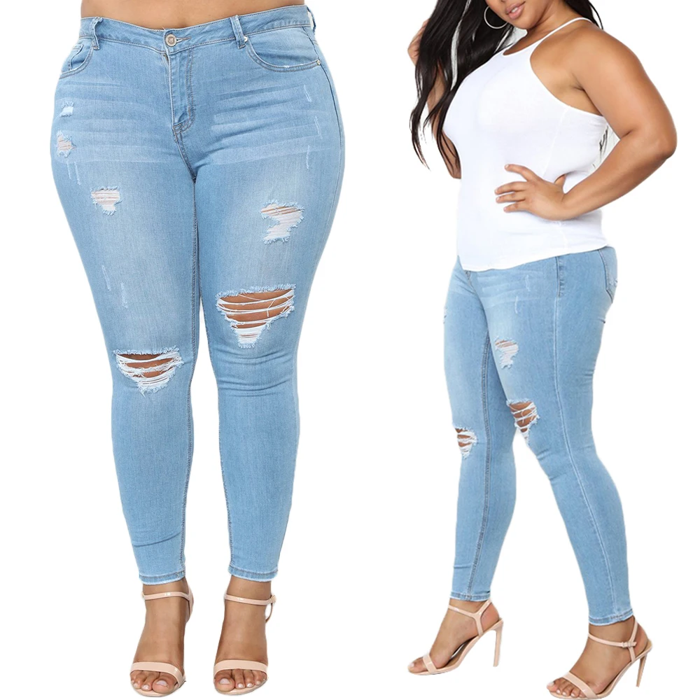

Plus Size Hole Skinny Jeans Women Casual Elastic Denim Jeans Nature Waist Pencil Pants Washed Summer Mom Jeans Women Pants