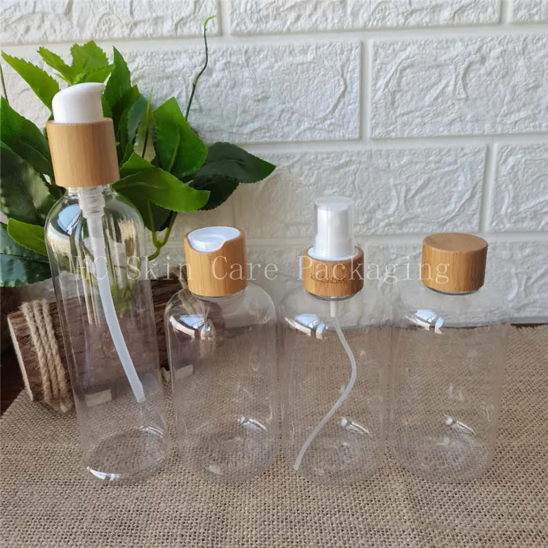 

250ml прозрачный/янтарный/матовое пластиковые бутылки с бамбуковыми деревянной крышкой пластиковая тонер распыления воды крышка от бутылки многоразового пустая бутылка