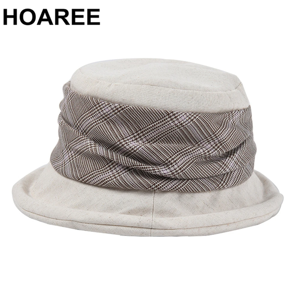 

HOAREE Female Khaki Plaid Floppy Hat Vintage Women Bucket Hat Cotton Japanese High Quality Ladies Fisherman Hat