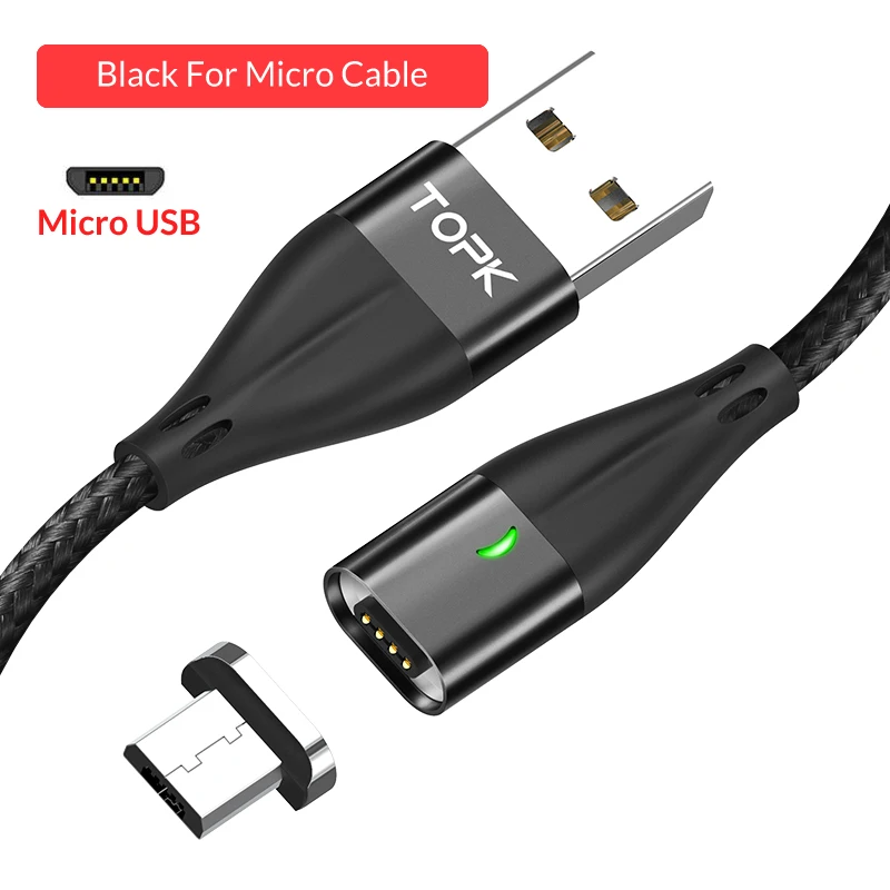 TOPK 1 м светодиодный магнитный кабель Micro Usb кабель для быстрой зарядки Micro Usb Магнитный кабель для зарядки и передачи данных для samsung Xiaomi huawei - Цвет: Black Cable