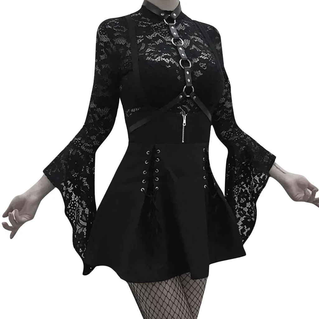 

Womail Women Gothic Punk Fashion Sexy Bodysuit Lace Perspective Hollow Out Horn Long Sleeve Ladies Elegant Pure Black Bobysuits
