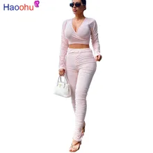 

HAOOHU Sexy Party Women Set Two Piece Set Tracksuit Stacked Sleeve V-neck Crop Top Stacked Jogger Sweatpants Suit Matching Set