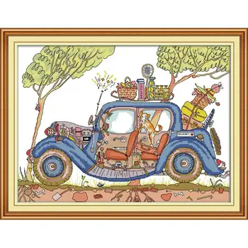 

Joy Sunday Needlework, Cross Stitch,Sets for Embroidery Kit,Station Wagon Cross Stitch Kit Aida11&14CT Count Print Canvas Stitch