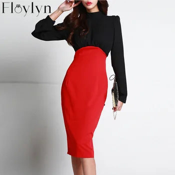 

FLOYLYN Sexy Stand Collar Patchwork Women Dress Elegant Slim Waist Sheath Bodycon Female Dress Elegant Party Vestidos femme 2019