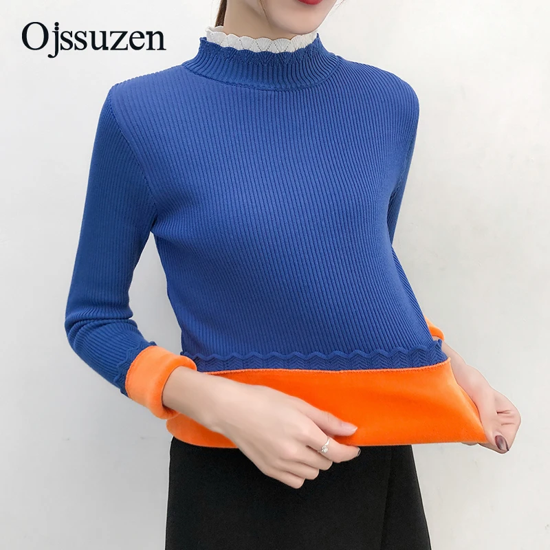 Warm Winter Sweaters Women's Pullover Fleece Thick Knitted Jumpers Ladies Soft Stretchy Sweater Woman Blue Black High Quality | Женская