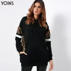 YOINS 2019 осень зима женские толстовки Леопардовый принт пуловер с длинным рукавом черные повседневные женские пушистые толстовки с капюшоном