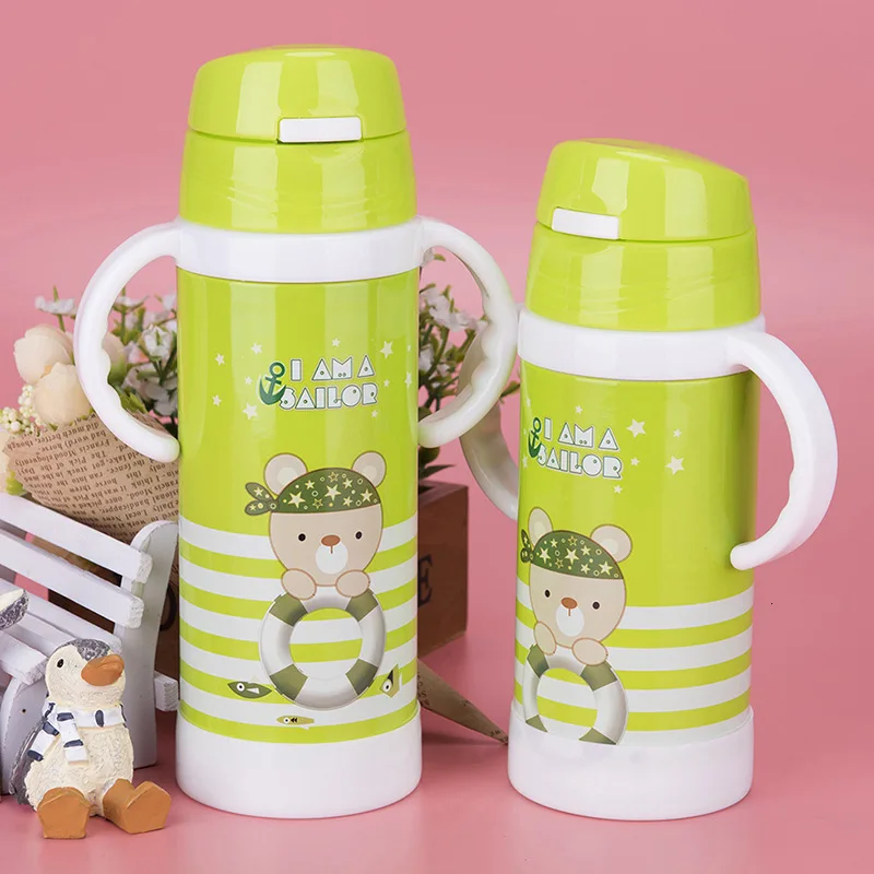 Eco-Friendly 500ML Baby's Vacuum Water Bottle handgrip Children Powdered Milk Thermals cup Stainless steel straw Thermos Flasks - Цвет: Green