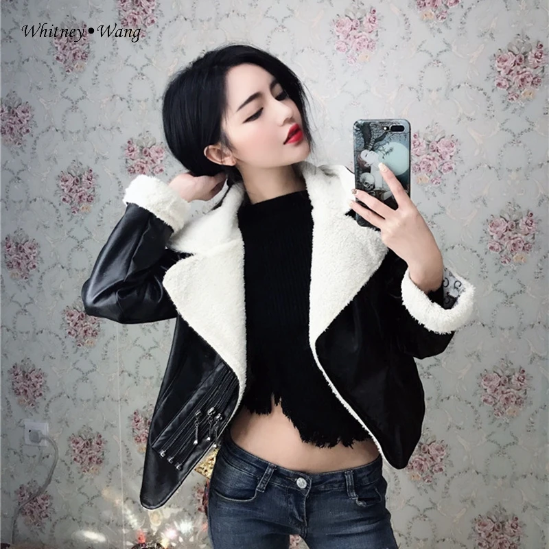WHITNEY WANG осенне-зимняя модная уличная искусственная овечья шерсть PU пальто Женская куртка из искусственной кожи Верхняя одежда