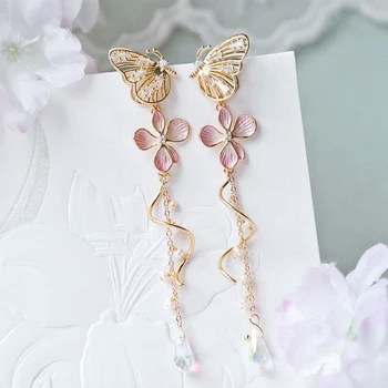 

Elegant Hollow Zircon Butterfly Drop Earrings For Women Fashion Metal Pink Flower Pendientes Accessories Party Gifts