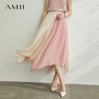 

AMII Minimalism Spring Summer Splice Asymmetry Women Skirt Causal High Waist Loose Calf-length Skirt 12070248