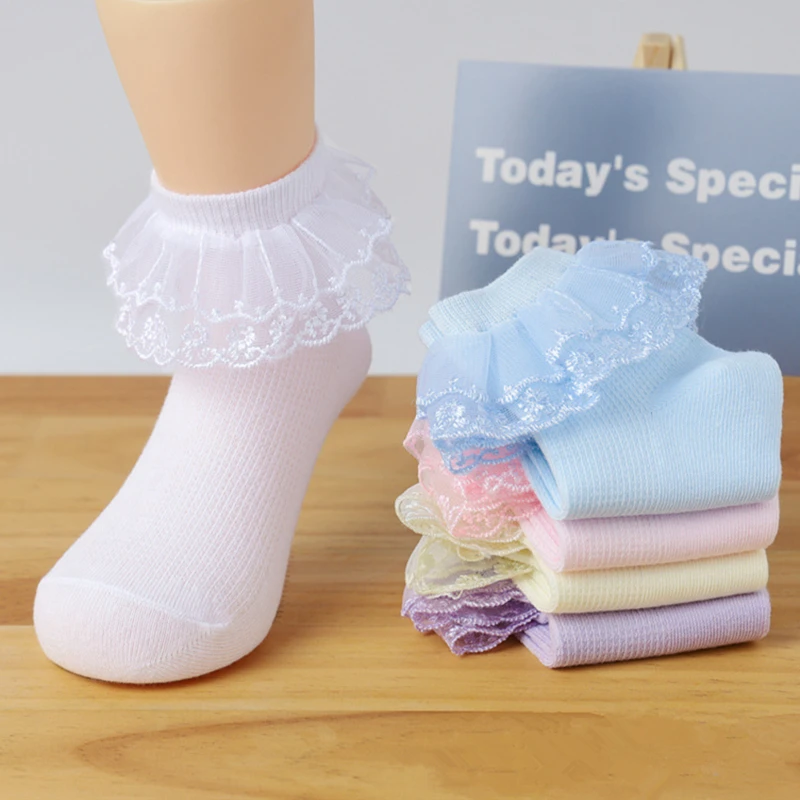 Cotton Socks 3 Pairs Kids Lace Spring Autumn Short Dance Mesh White Flowers Ruffle Frilly Girls Princess