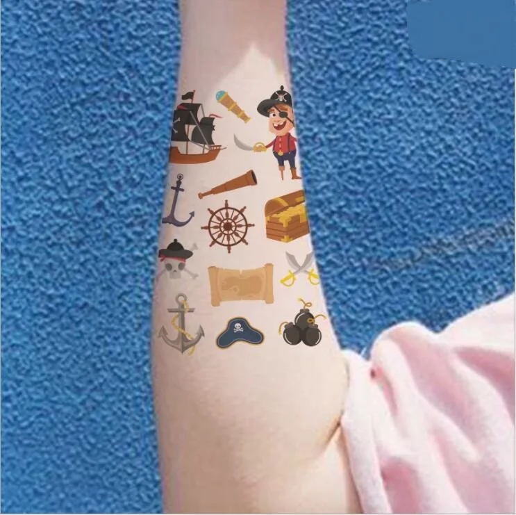 Funny Environmentally Friendly Cartoon Pirate Temporary Tattoo Stickers Kids Treasure Hunt Fake Body Waterproof Tattoo 1 Sheet
