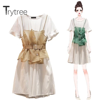 

Trytree 2020 Summer Women two piece set Casual O-neck Solid White Loose Dress + Sling Mesh 2 Color Belt Fashion Set 2 Piece Set