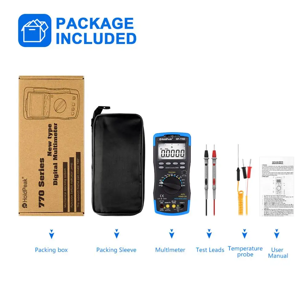 HoldPeak Digital Multimeter HP-770D High-Accuracy Auto Range True RMS 40000 Counts NCV AC DC Voltage Current Ohm Tester