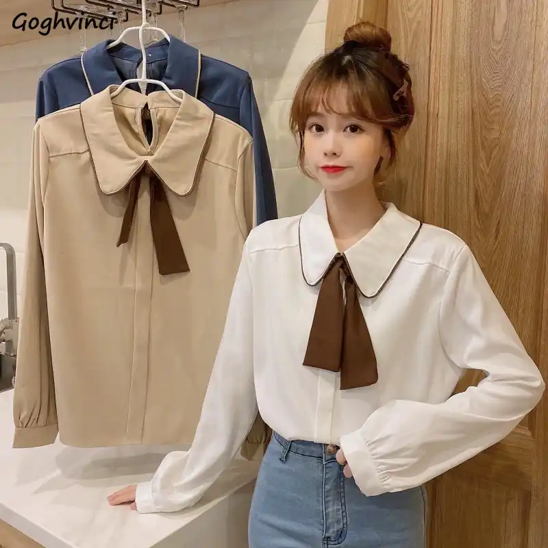 女性ブラウス秋スタイリッシュなシャツ弓ピーターパンの襟かわいい学生韓国スタイル通気性エレガントトレンディstreetswearかわいい ブラウス シャツ Aliexpress