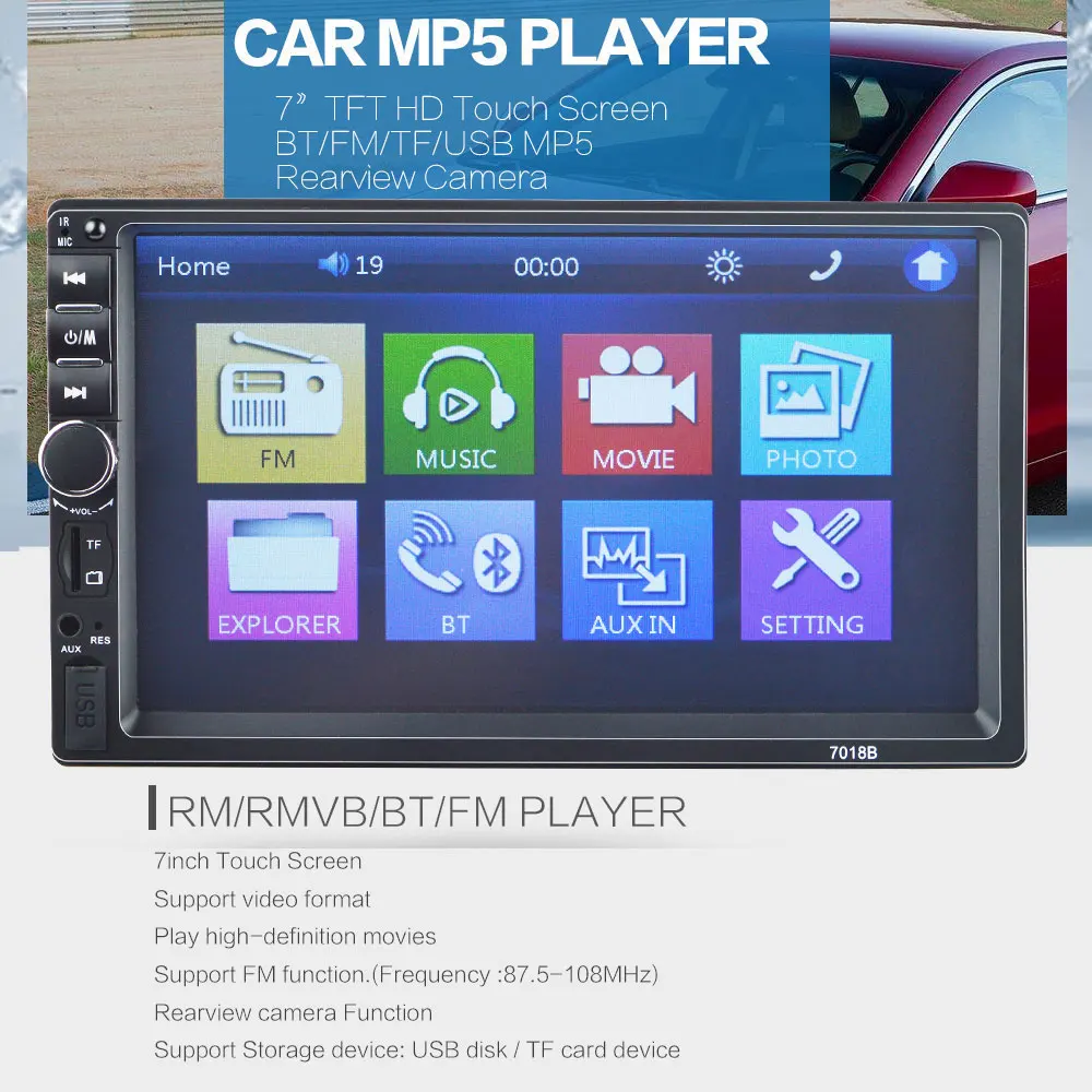 Car Family 2 Din Car Radio 7" HD Touch Screen Player MP5 SD/FM/MP4/USB/AUX/Bluetooth Car Audio Rear View Camera Remote Control