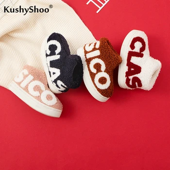 

Kushyshoo Toddler Shoes 2020 Fashion Letter Slip-On Solid Color All-match Winter Kids Slippers Thicken Plush Warm Cotton Shoes