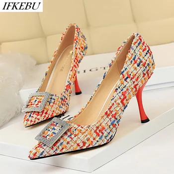 

Weave Pump Women Mixed Color High Heels Shoes Luxury Buckle Slip on Slide Shallow Pointed Toe Stilettos Fashion Sandalias Mujer