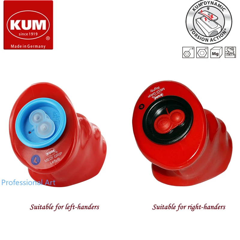 

KUM Ergonomics Left and Right Hand Grip Double Hole Pencil Sharpeners with Dust Cover Curved Blade Cutting 8/11cm Pencils