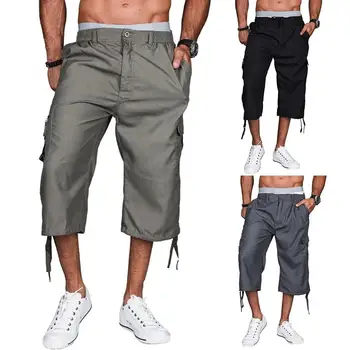 

Casual Summer Outdoor Men Solid Color Loose Capri Pants Cargo Shorts Trousers Solid Color Outdoor Casual Tassel Pants