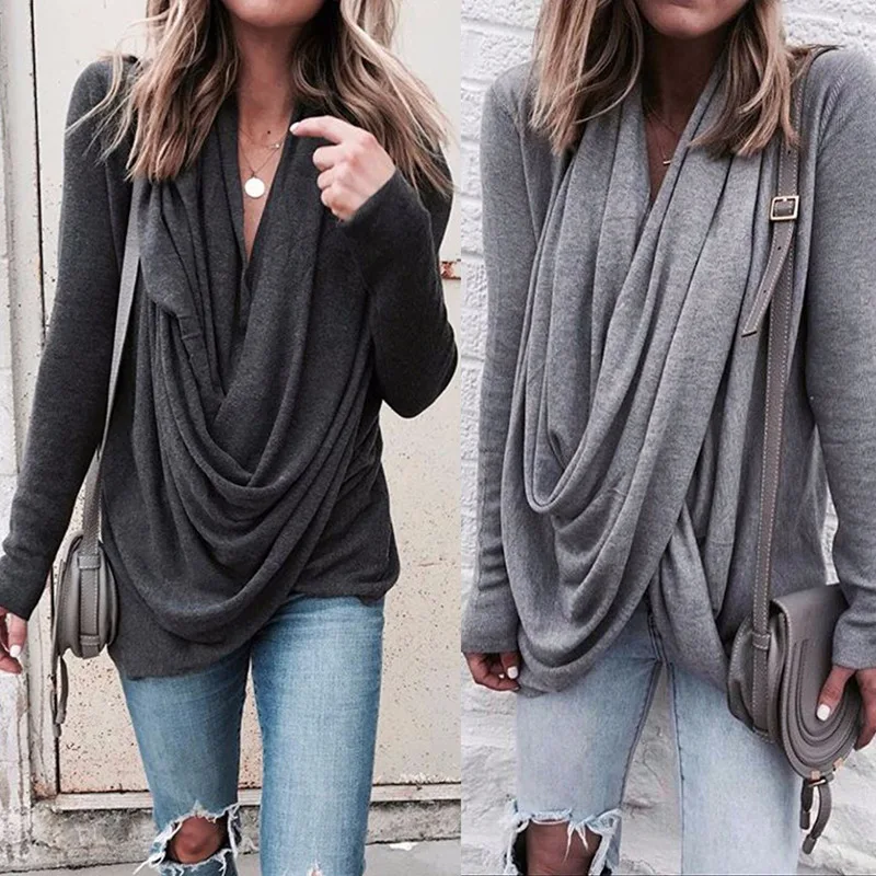 

Camisetas Verano Mujer 2019 Spot Autumn new irregular pile collar long sleeve t-shirt Plus Size Shirts