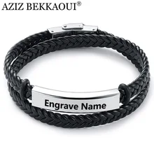 AZIZ BEKKAOUI двойной слой гравировка имя черный кожаный браслет для женщин браслет из нержавеющей стали мужской браслет Индивидуальные ювелирные изделия