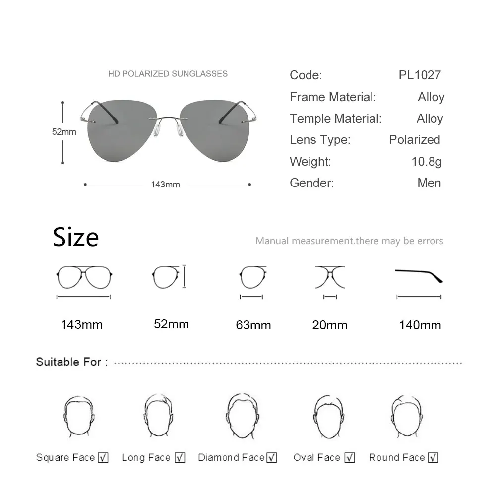 Новое поступление, ультра-светильник, без оправы, B, титановые очки, мужские солнцезащитные очки, поляризационные, без оправы, складывающиеся на ногу, солнцезащитные очки для вождения PL1027