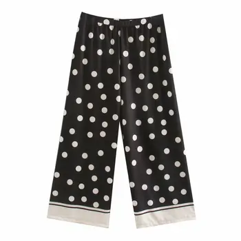 

New Women vintage polka dot print knitted wide leg pants femme elastic waist Trousers office lafy wear casual chic pants P609