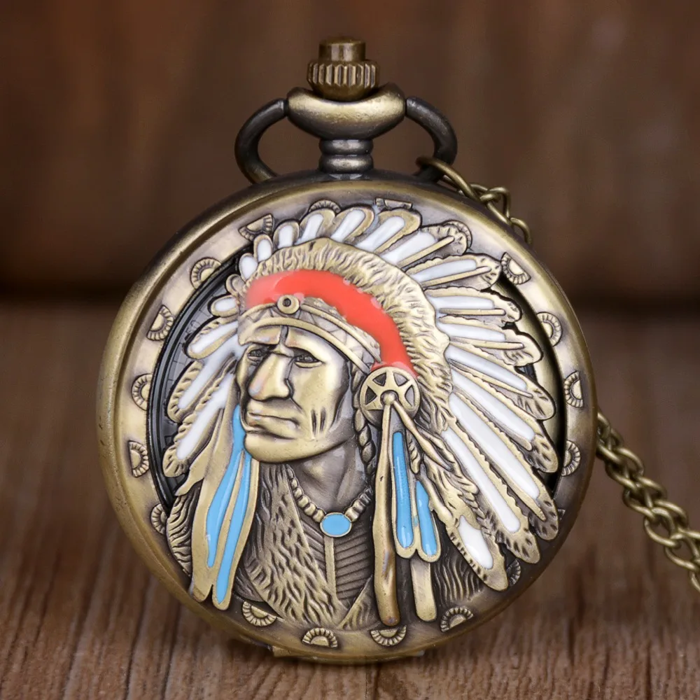 Стимпанк античный индийский старый человек Красочный Портрет дизайн кварцевые Fob карманные часы Бронзовый кулон ожерелье сувенир цепочка подарки