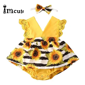 

Imcute Cute Baby Girl Clothes Daisy Print Lace Sleeve Bodysuits Dress Backless Jumpsuit Outfit Playsuit Sunsuit Clothing 2pcs