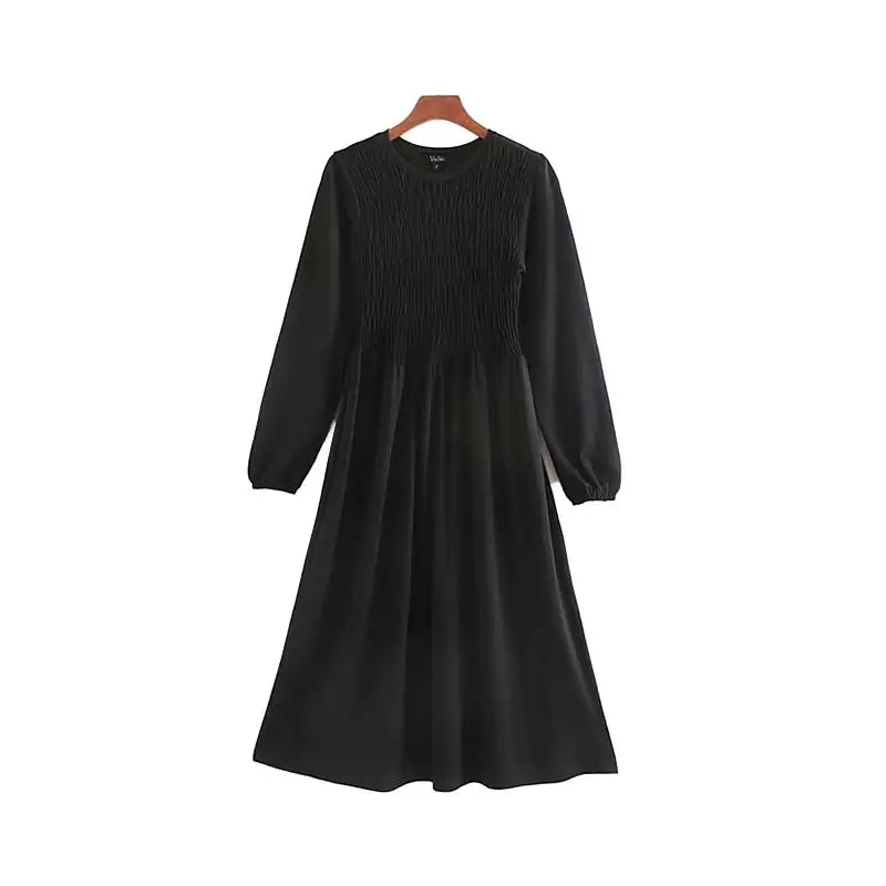 Женское элегантное платье vadim однотонное плиссированное платье миди с длинным рукавом женское повседневное черное бежевое зеленое стильное платье vestidos mujer QC997 - Цвет: black