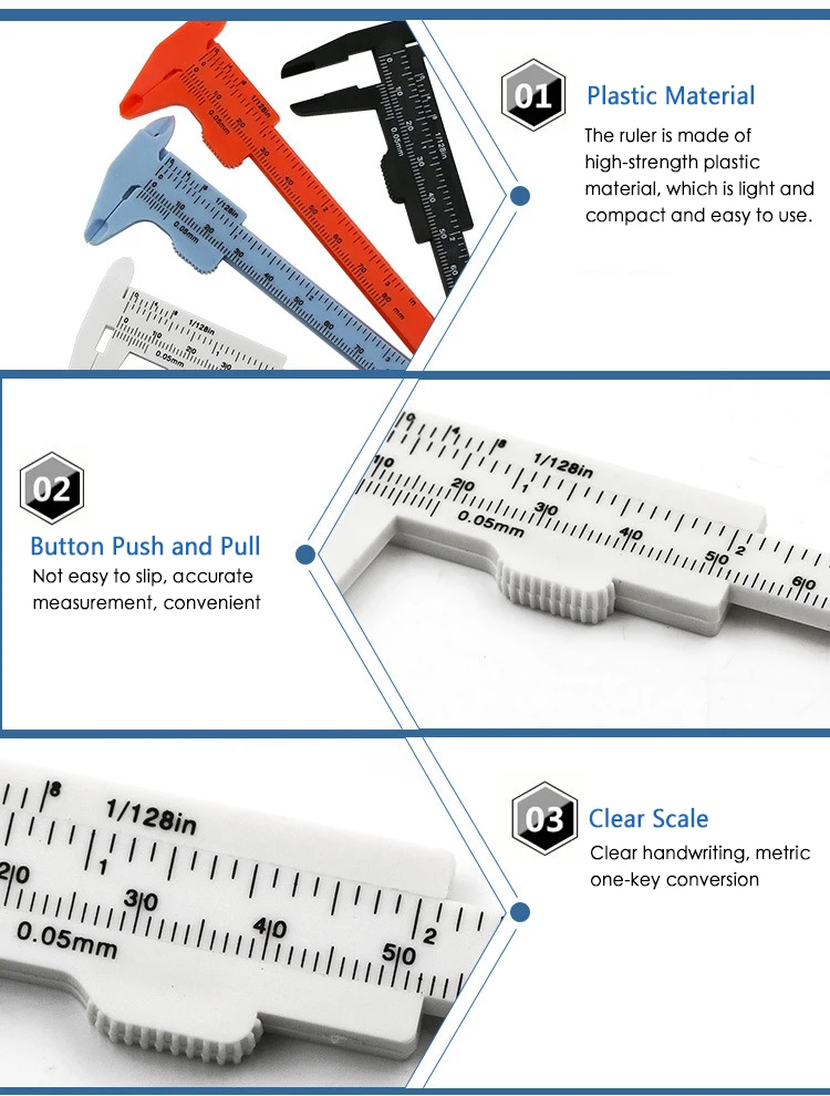 5pcs Mini 80mm Plastic Sliding Vernier Caliper Gauge Measuring Tool Ruler Micrometer Gauge White Blue Black color optional