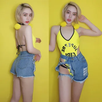 

2019 New Nightclub Bar DJ Female Singer Fluorescent Bodysuit Sexy Hole Jeans Ladies Stage Jazz Dance Performance Costumes DL4695
