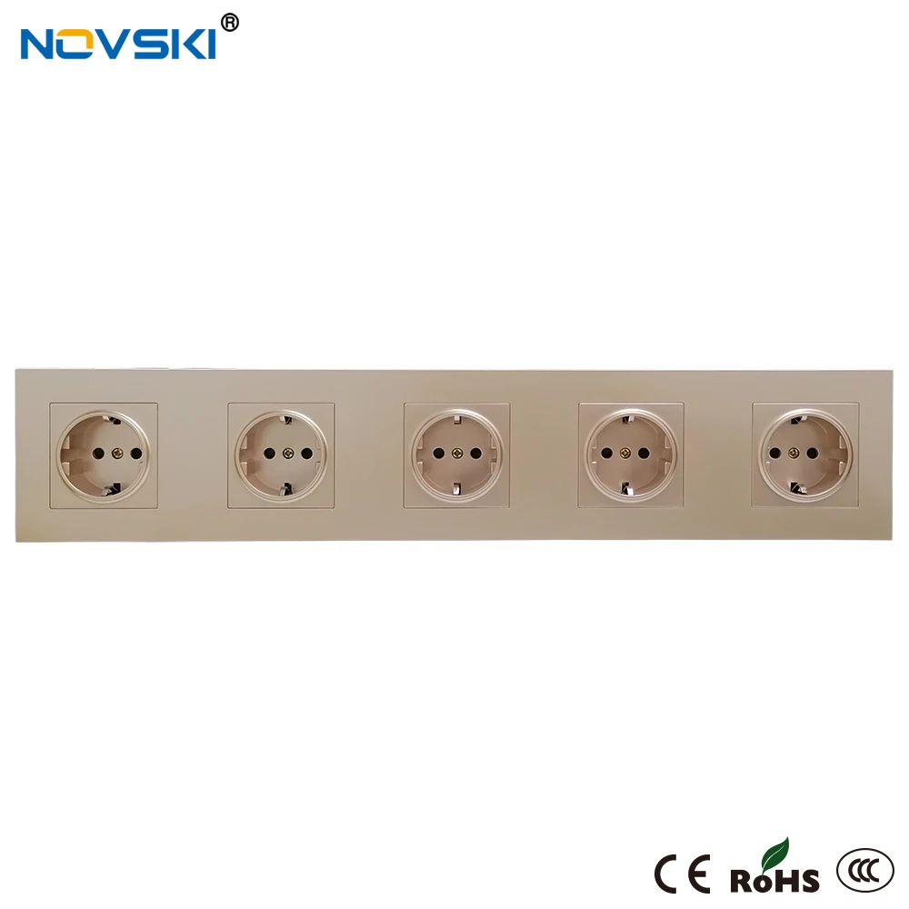 EU Multi Outlet Wall Socket Quintuple Frame German Plug Grounded, 16A Electrical Socket Champagne Gold, 15 Years Warranty