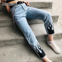 HEYounGIRL с принтом пламени Harajuku джинсы с высокой талией винтажные корейские джинсовые брюки женские повседневные Прямые синие джинсы Уличная одежда