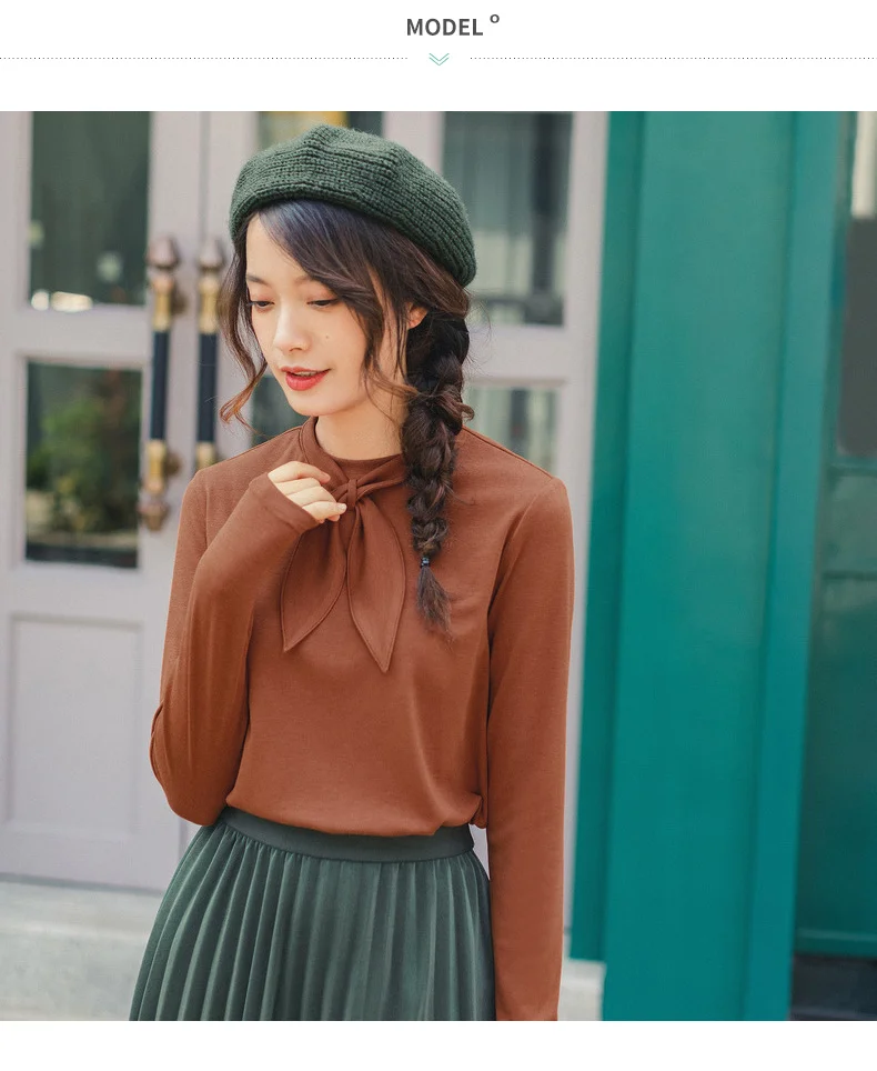 INMAN Spring New Arrival Solid Color Rabbit ears Tie Neck Knit Basic Minimalist Women Long Sleeve T-Shirt