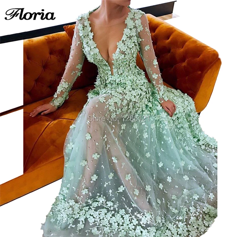 Зеленое вечернее платье с 3D цветком с прозрачными вставками vestidos на заказ, платье для выпускного вечера с бисером, саудовская арабские платья для вечеринок