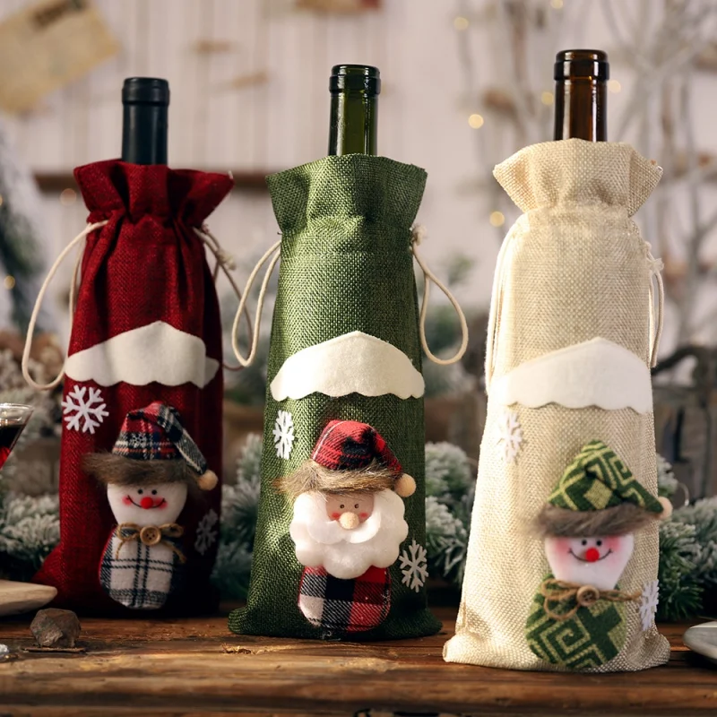 Декоративные бутылки для вина с кулиской, Чехлы, сумки, Рождество, праздник, обеденный стол, вечерние украшения для дома, Санта-Клаус/Снеговик