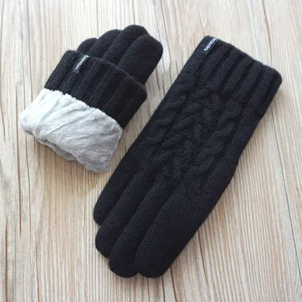 Женские перчатки Модные двойной утолщенный чистая шерсть вязаная теплая Перчатки женские зимние теплые перчатки для вождения - Цвет: black
