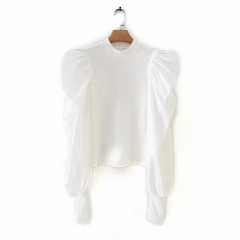 Однотонная женская трикотажная рубашка с каскадным пышным рукавом Осенняя Женская водолазка для отдыха свободные топы S6387 - Цвет: as pic