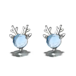 Крошечные Симпатичные Лось, серьги со шпилькой, для Для женщин с украшением в виде синих кристаллов и с рисунком оленя серьги-рога оленя для