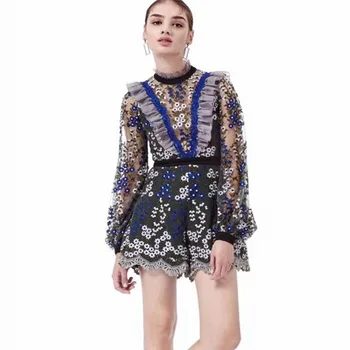 

New arrival Rompers Self Portrait jumpsuits Floral Embroidered flowers Long Sleeve Silk Sexy Female Playsuits Beach Jumpsuits