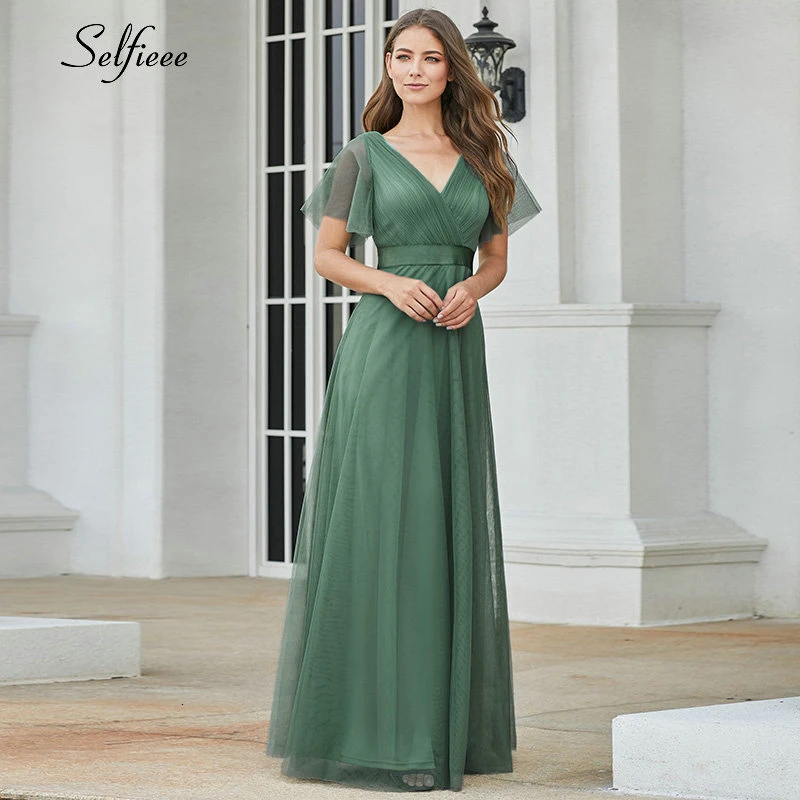 Элегантное женское платье с двойным v-образным вырезом и оборками, с коротким рукавом, длинное, зеленое, с высокой талией, летнее пляжное платье для вечеринки, однотонное, женское платье