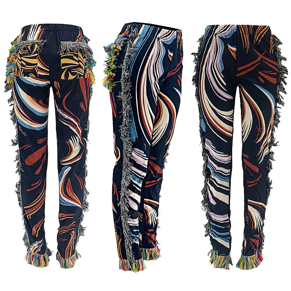 joggers for women Side Tassels Patchwork Striped Print Jogger Pant Women Rave Festival Clothing 2022 Fashion Casual High Waist Bodycon Sweat Pants denim capris for women