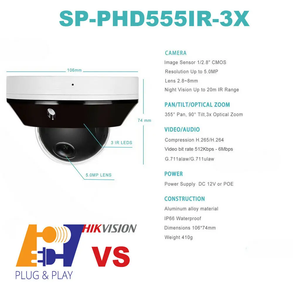 Ip-камера Hikvision совместимая 5MP PoE ip PTZ купольная камера 3X оптический зум Встроенный микрофон wifi камера безопасности