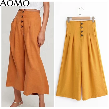 

AOMO fashion women orange wind leg pants trousers summer za pockets strehy waist beach pants pantalon QJ48A