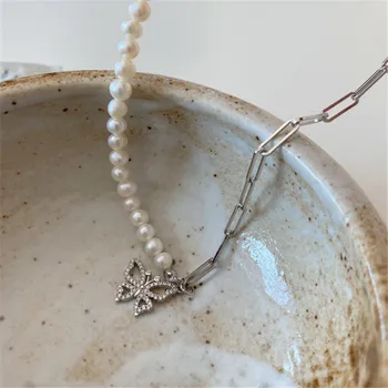 

POFUNUO Real 925 Sterling Silver Women AAA Zircon Butterfly Charm Necklaces Asymmetry Freshwater Pearl Chain Purse Silver Choker