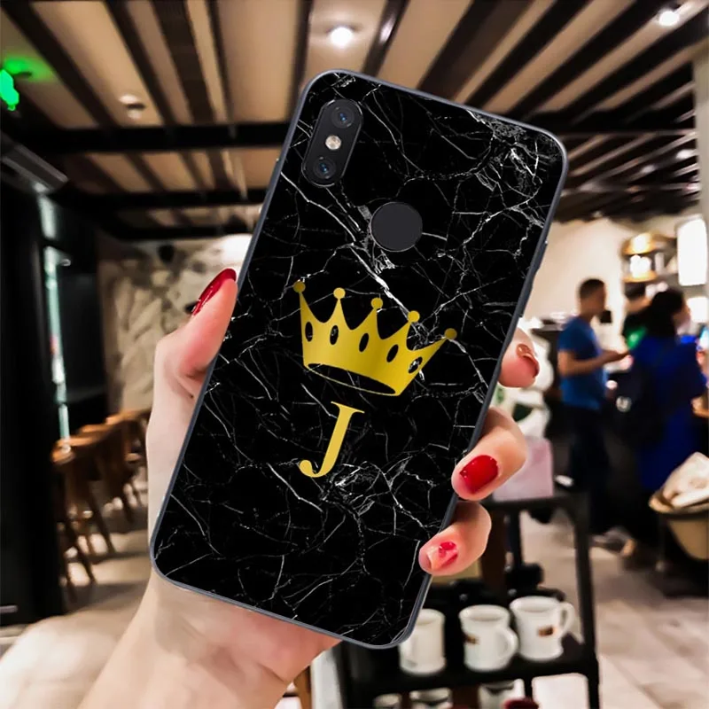 Custom name Letter Monogram Black Marble Gold crown 