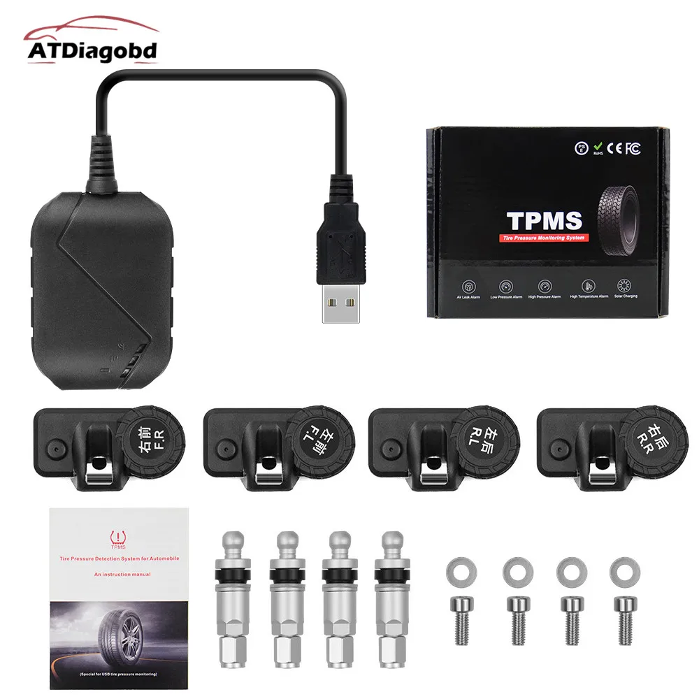 USB Android TPMS Car Tire Pressure Monitor 4 External Sensors 116 psi Monitoring Alarm System 5V Wireless Transmission