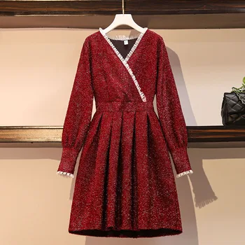 

Dressv Cocktail Dresses 2020 Above Knee Women Red Stringy Selvedge Lurex Autumn Long Sleeves Sweet Color Block Party Dress